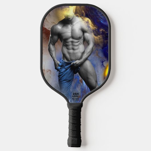 SlipperyJoe's gespierde man lichaamsbouw stomende Pickleball Paddle (Achterkant)