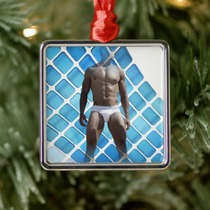 SlipperyJoe's gespierde man six-pack abs witte ond Metalen Ornament