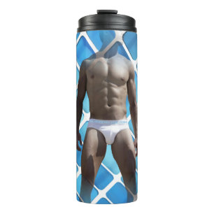 SlipperyJoe's gespierde man six-pack abs witte ond Thermosbeker