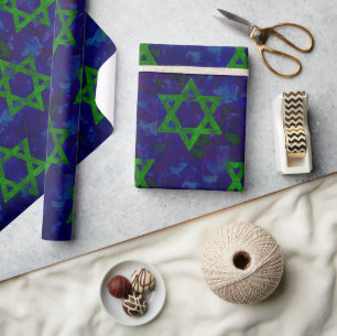 SlipperyJoe's Hanukka groene rijen Davidssterren c Cadeaupapier