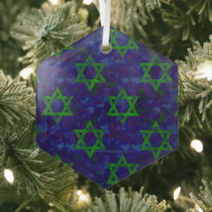 SlipperyJoe's Hanukkah groene rijen Davidssterren Glas Ornament