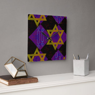 SlipperyJoe's Hanukkah-thema afbeelding goudgeel  Vierkante Klok