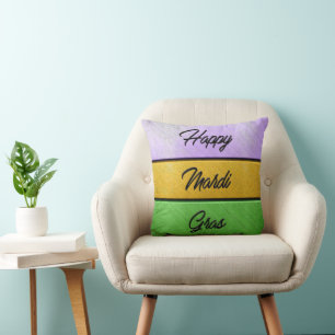 SlipperyJoe's Happy Mardi Gras paarse gouden groen Kussen