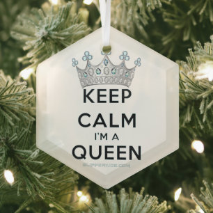 SlipperyJoe's keep calm queen glanzend zilveren kr Glas Ornament