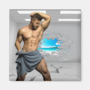 SlipperyJoe's Man in een handdoek witte kamerspier Magneet