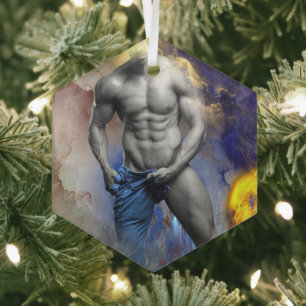 SlipperyJoe's Man steamy shirtloze borstrokken Glas Ornament