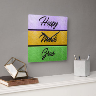 SlipperyJoe's Mardi Gras paarse gouden metalen Vierkante Klok