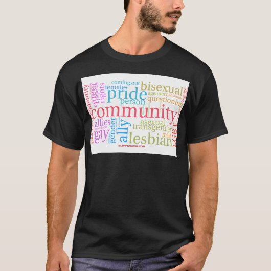 SlipperyJoe's regenboog LGBTQ+ community word clou T-shirt (Voorkant)