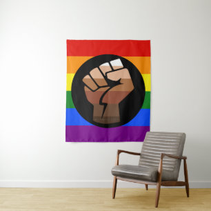 SlipperyJoe's regenboogkleuren vlag opgeheven vuis Wandkleed