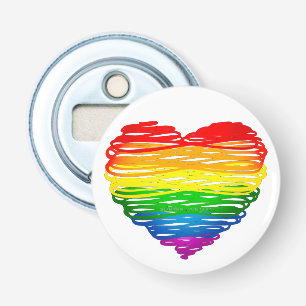SlipperyJoe's regenboogkleurige hart gekrabbelde w Button Flesopener