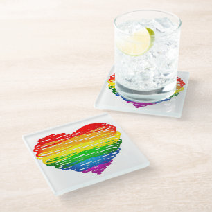 SlipperyJoe's regenboogkleurige hart gekrabbelde w Glazen Onderzetter