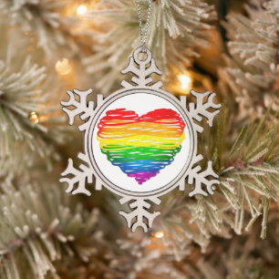 SlipperyJoe's regenboogkleurige hart gekrabbelde w Tin Sneeuwvlok Ornament