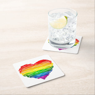 SlipperyJoe's regenboogkleurige hart gekrabbelde w Vierkante Kartonnen Onderzetter