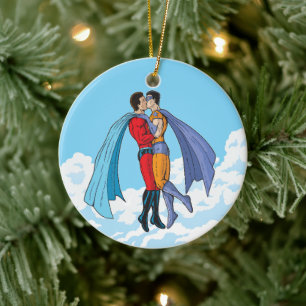 Slipperyjoe's twee superhelden kussen karakters f keramisch ornament