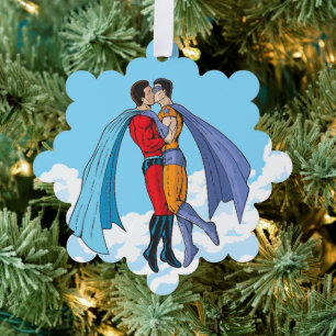 Slipperyjoe's twee superhelden kussende personages ornament kaart