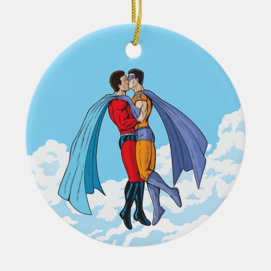 SlipperyJoe's twee superhelden zoenen vliegende au Keramisch Ornament (Voorkant)