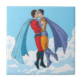 SlipperyJoe's twee superhelden zoenen vliegende au Tegeltje (Voorkant)