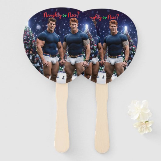 SlipperyJoe's versierde besneeuwde kerstboom Handwaaier (Voorkant en achterkant)