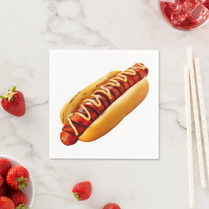 SlipperyJoe's zomerse BBQ-sfeer hotdog genesteld z Servet