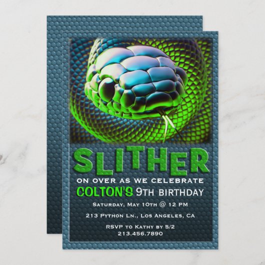 Slither Snake Green Reptile Verjaardag Uitnodiging (Voorkant / Achterkant)