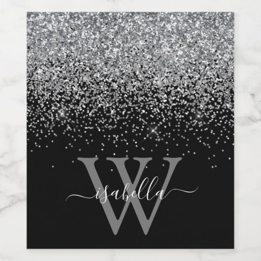 Sliver Black Glitter Elegant Script Name Wijn Etiket (Enkel label)