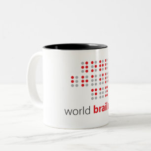Slogan World braille day. Wereld braille dag. Tweekleurige Koffiemok