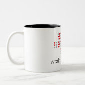 Slogan World braille day. Wereld braille dag. Tweekleurige Koffiemok (Links)