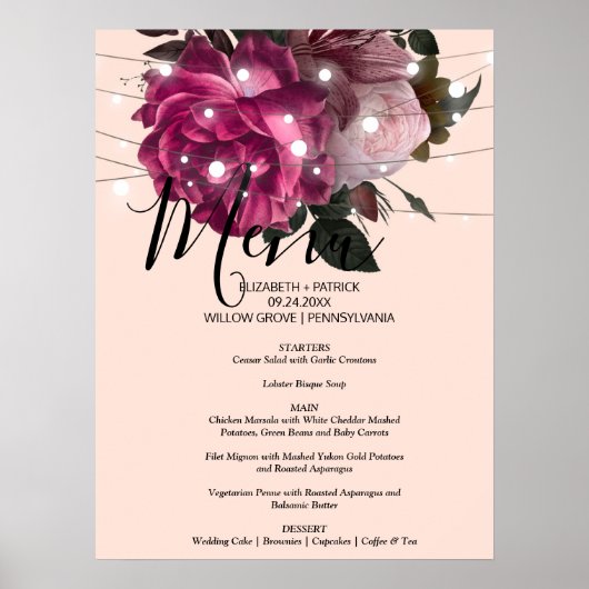 Slot Light Burgundy flower Menu Sign. Poster (Voorkant)