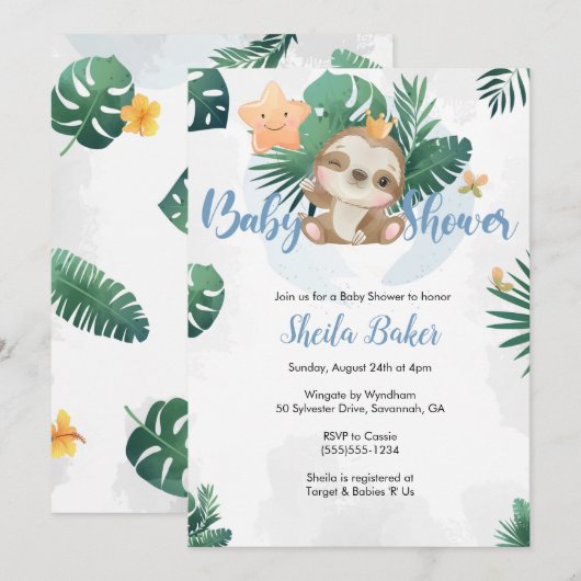 Slote Uitnodiging, Sloth Baby shower Uitnodiging (Voorkant / Achterkant)