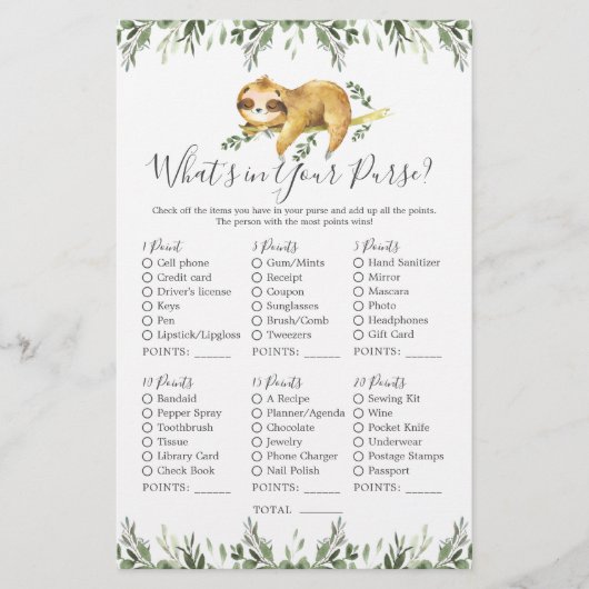 Sloth Animals Baby shower Wat zit er in je tas (Voorkant)