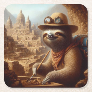 Sloth Archeologist Vierkante Kartonnen Onderzetter