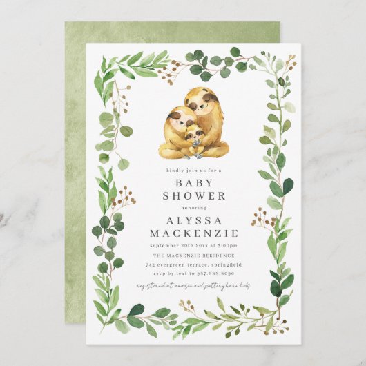 Sloth Baby Shower Invitation Kaart (Voorkant / Achterkant)