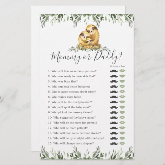 Sloth Baby shower Mama of Pappa Game (Voorkant / Achterkant)