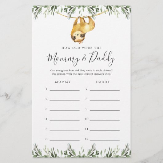 Sloth Baby shower Quel Âge Avaient-Ils Jeu Carte (Devant)