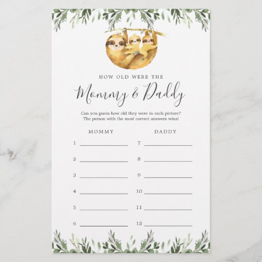Sloth Baby shower Quel Âge Avaient-Ils Jeu Carte (Devant)