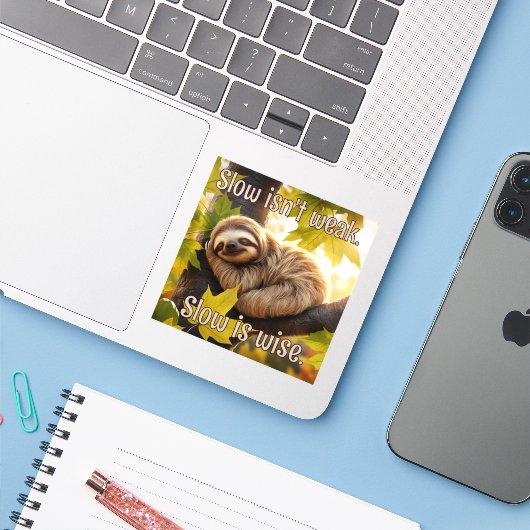 Sloth Baby Sleeping in Tree Slow Is Wise Quote Sticker (Laptop met iPhone)