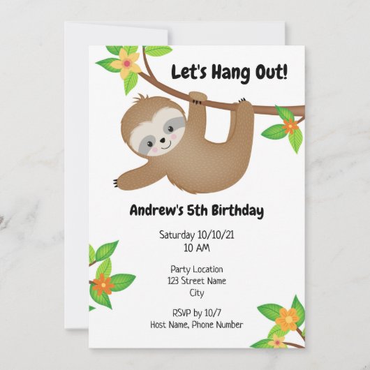 Sloth Birthday Invitation (Devant)