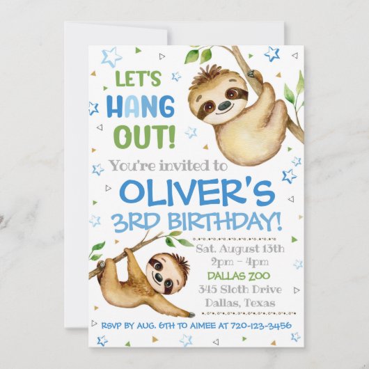 Sloth Birthday Invitation | Sloth Invitation (Devant)