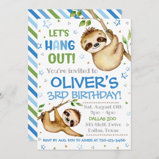 Sloth Birthday Invitation | Sloth Invitation (Devant / Derrière)
