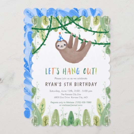 Sloth Birthday Party in Blue and White Kaart (Voorkant / Achterkant)
