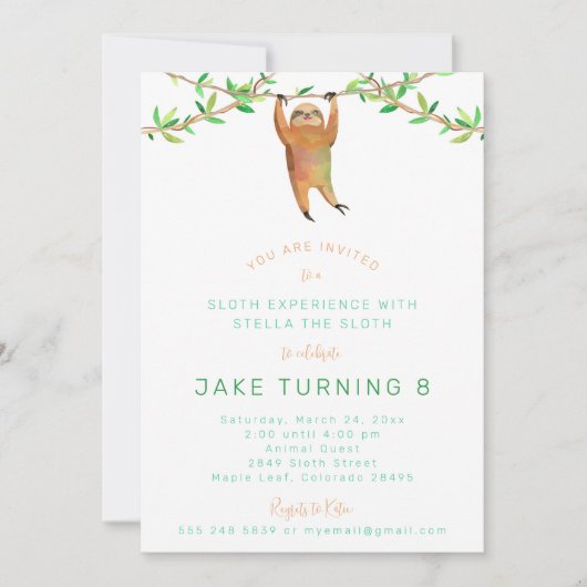 Sloth Birthday Party Invitation (Devant)