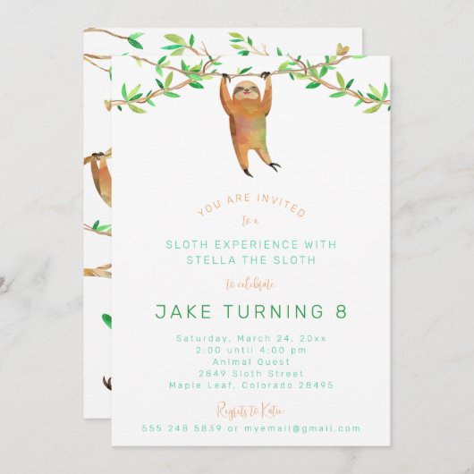 Sloth Birthday Party Invitation Kaart (Voorkant / Achterkant)