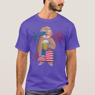 Sloth Cheer Beer Amerikaanse vlag Vuurwerk Dag T-shirt