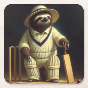 Sloth Cricket Speler Vierkante Kartonnen Onderzetter