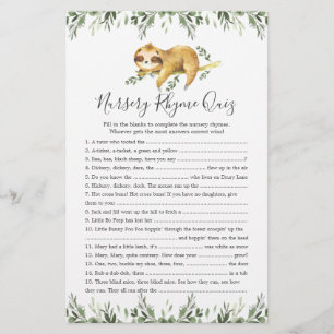 Sloth Dieren Baby shower Kwekerij Rhyme Quiz spel