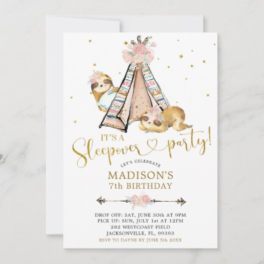 Sloth Girl Teepee Floral Sleepover Invitation (Devant)