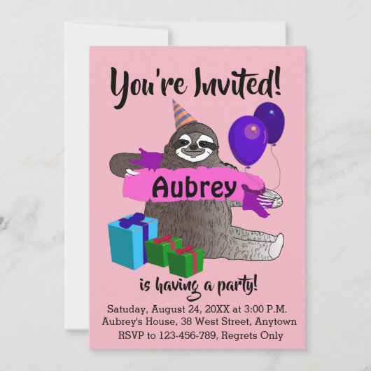 Sloth Girls Anniversaire Fête Invitation (Devant)