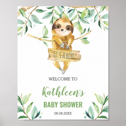 Sloth Greenery Boy Baby shower Welkomstteken Poster (Voorkant)
