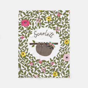 Sloth Greenery Floral Girls Fleece Blanket Deken