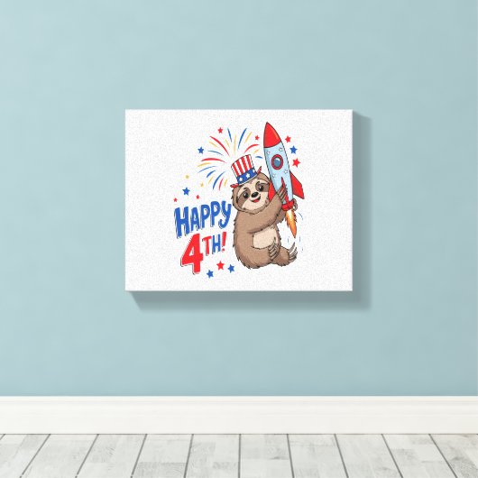 Sloth Happy 4th Rocket Fireworks Nederland Canvas Afdruk (Insitu (Houten vloer))